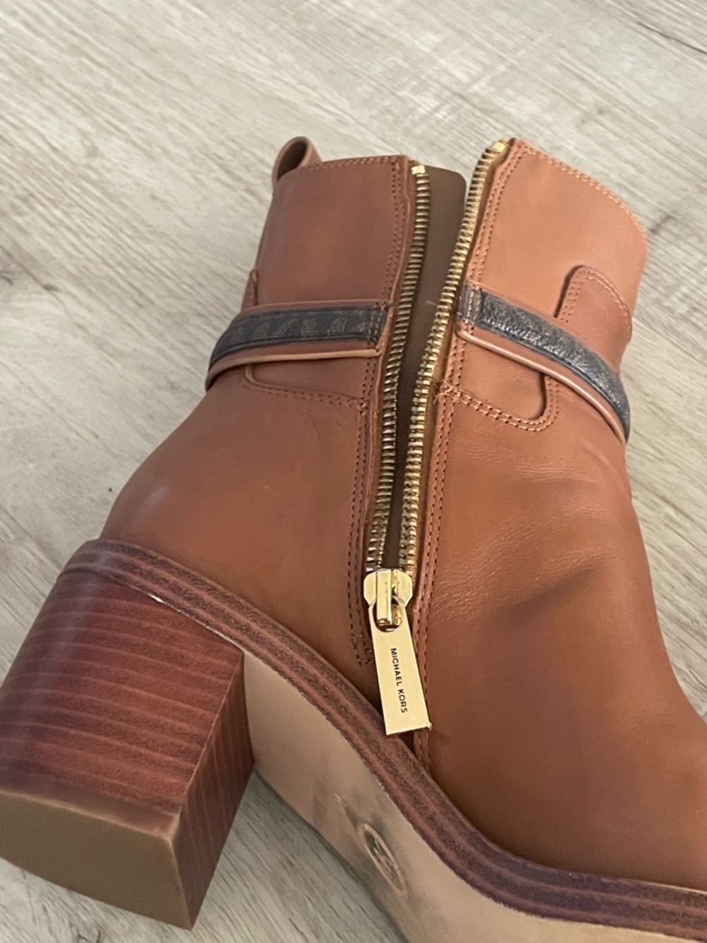 Michael Kors Cognac Leather Ankle Boots with Logo Harness - Picture 5 of 8